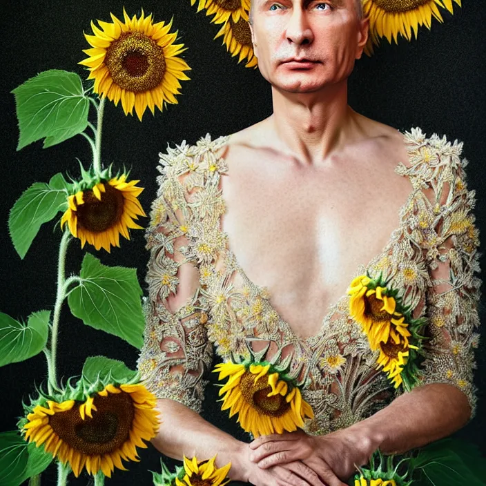Image similar to photo portrait of Vladimir Putin - sunflowers - dressed in long elegant intricate ornamental ethereal sunflower dress, natural skin tone, highly detailed realistic flowers ornament in the upper side of breast, hair and wrinkles are intricate with highly detailed realistic flowers, elegant, Realistic, Refined, Highly Detailed, natural soft pastel lighting colors scheme, fine art photography by Cecil Beaton, volumetric lighting, hyper realistic photography