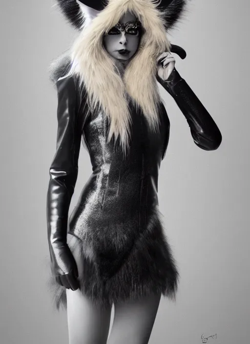 Image similar to full body environmental portrait photo of dressed catgirl anya taylor - joy, cat ears, fur, glamour shot by gemmy woud - binnendijk, chris knight, photorealistic, canon r 3, high fashion photography, elegant, luxury and elite, symmetry, octane render, unreal engine, solid dark grey background, dramatic lights