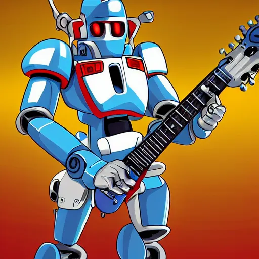 Image similar to A cell animation of a robot playing guitar, macross, gundam, ghibli style, illustration, anime, trending on artstaion