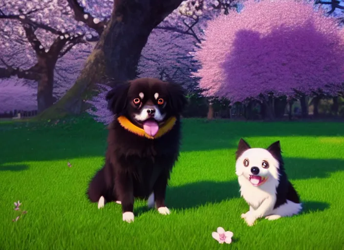 Image similar to a wholesome animation key shot of a black tibetan spaniel, cherry blossoms in the background, studio ghibli, pixar and disney animation, sharp, rendered in unreal engine 5, anime key art by greg rutkowski, bloom, dramatic lighting
