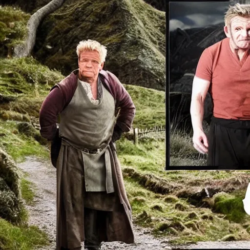 Image similar to gordon ramsay as hobbit in the shire