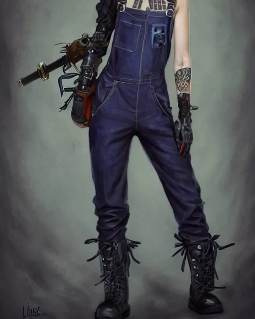 Prompt: a full body portrait of a beautiful androgynous punk girl with short hair and beautiful eyes, beautiful face, wearing tall combat boots, who is a mechanic wearing overalls, digital concept art, detailed digital painting, by j. c. leyendecker and edward blair leighton and charlie bowater, trending on artstation