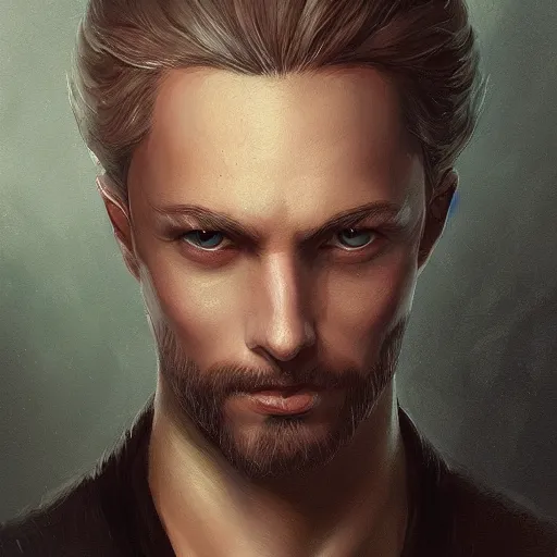 Image similar to a detailed matte head - on portrait painting of an middle - aged nobleman with golden eyes and short well kept hair, by charlie bowater, lise deharme, wlop, tending on arstation, dungeons and dragon, dnd, pathfinder, fanart, oil on canvas