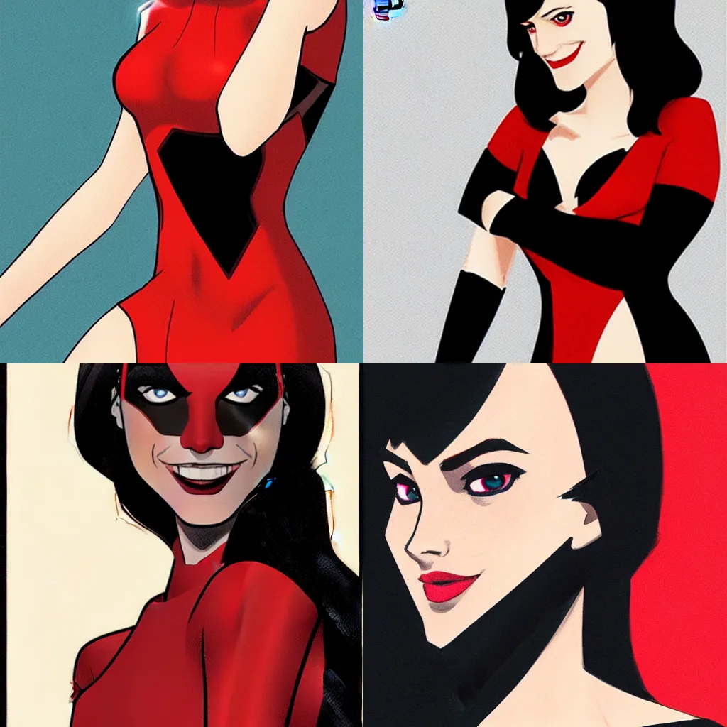 Prompt: in the style of Phil Noto, Pale skin Domino marvel comics, black spot over left eye, wearing a red dress, smile