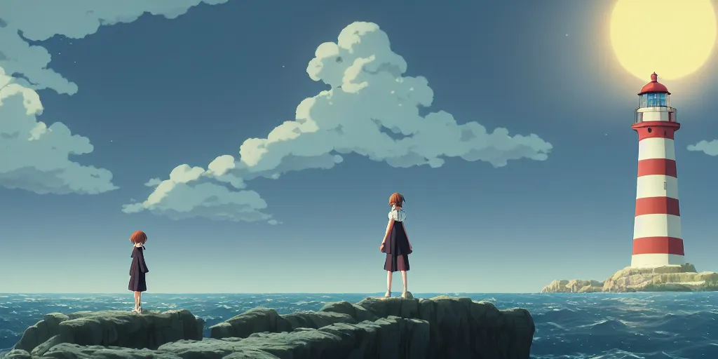 Image similar to the girl and the lighthouse. matte painting, anime, studio ghibli. intricate, elegant, super highly detailed, professional digital painting, artstation, concept art, smooth, Unreal Engine 5, Photorealism, HD quality, 8k resolution, cinema 4d, 3D, beautiful, cinematic