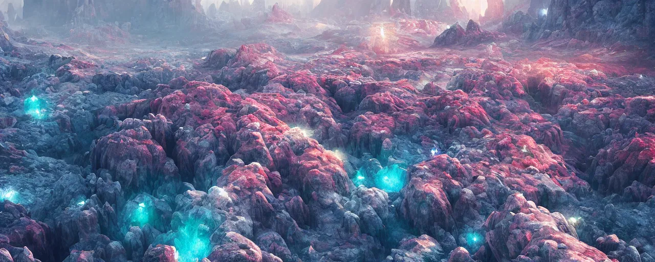 Image similar to ” otherwordly landscape with rystal formations and shiny gemstones, [ by wlop, colourful, cinematic, detailed, epic, widescreen, opening, establishing, mattepainting, photorealistic, realistic textures, octane render ] ”