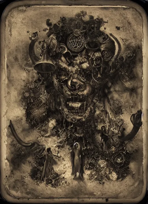 Image similar to old wetplate daguerreotype demons, devil, pain, anger, desolation, angel, explosion of data fragments, fractal, intricate, elegant, highly detailed, parallax, leica, medium format, subsurface scattering, by jheronimus bosch and greg rutkowski and brom