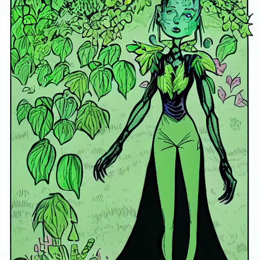 Image similar to Green Witch Walking, Garden, magical garden plant creatures, enchanted, life like plants, Drawn in the style of 1992 X-Men: The Animated Series, high detail