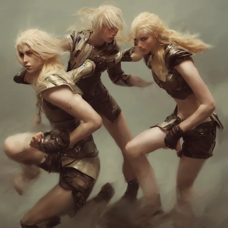 Prompt: Identical pale blonde haired Twin Women fighting each other by Ruan Jia and Mandy Jurgens and Artgerm and william-adolphe bouguerea, highly detailed, trending on artstation, award winning,