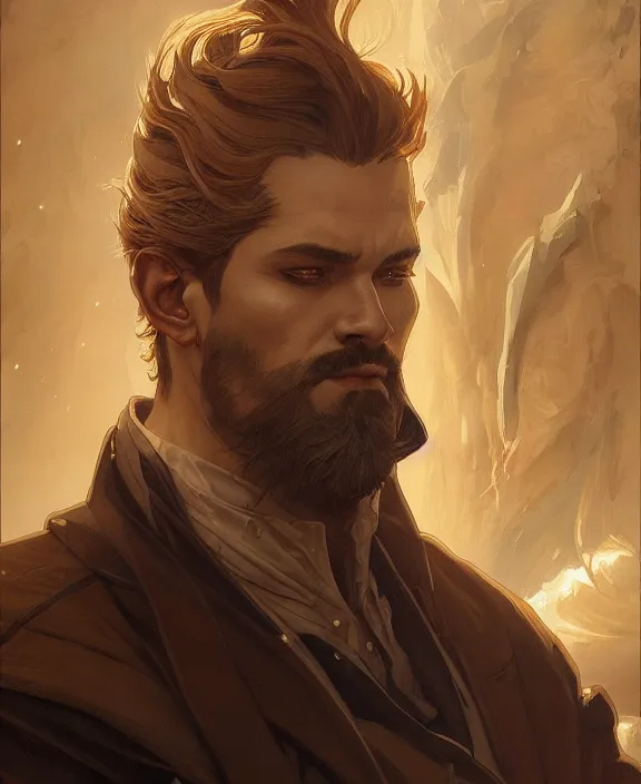 Image similar to portrait close up of guy, concentrated look, symmetry, with an explosion on the back, d & d, fantasy, intricate, elegant, highly detailed, digital painting, artstation, concept art, art by artgerm and greg rutkowski and alphonse mucha, boris vallejo