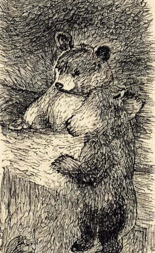 Prompt: Beatrix potter illustration of a bear in pajamas falling asleep