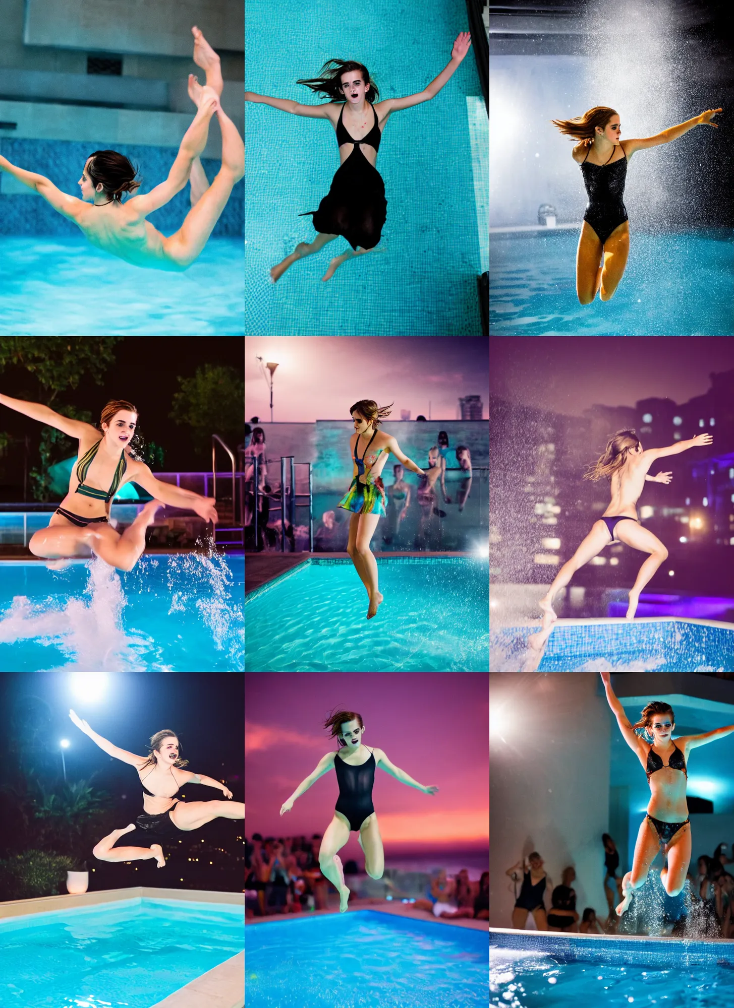 Prompt: emma watson jumping in a pool, having fun being the center of attention in a pool party in a penthouse at night. visually stimulating sensual hyper realistic picture. cyberpunk illumination. canon eos r 3, f / 1. 4, iso 2 0 0, 1 / 1 6 0 s, 8 k, raw, unedited, symmetrical balance, in - frame