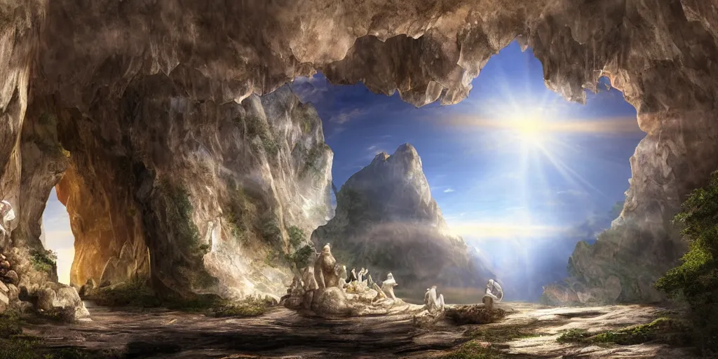 Image similar to two giant white marble statues flanking a cave entrance into a mountain, extremely detailed digital matte painting, clear skies, sunlight, god rays