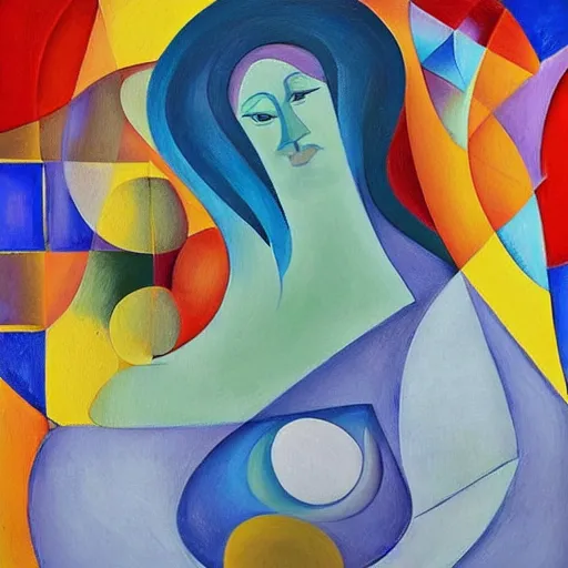 Image similar to woman in glorious robes rose up vast as the skies, old as the mountains and formless as starlight to shelter the precious memories, matter, messages, abstract art in the style of cubism and georgia o keefe