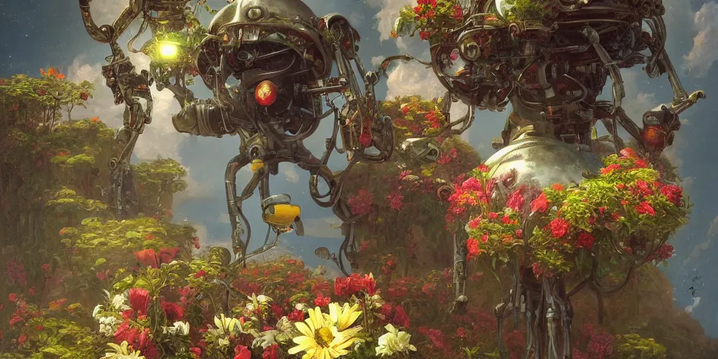 Image similar to robot head with flowers growing out, Thomas Cole, artgem, Tyler Edlin and Jean Delville, wide angle, minimalistic, highly detailed, masterpiece