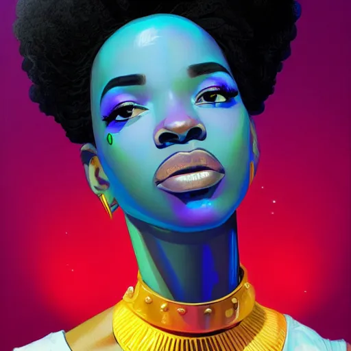 Image similar to afrofuturism woman with a cute - fine - face, pretty face, oil slick hair, realistic shaded perfect face, extremely fine details, by realistic shaded lighting, dynamic background, poster by ilya kuvshinov katsuhiro otomo, magali villeneuve, artgerm, jeremy lipkin and michael garmash and rob rey, and silvain sarrailh