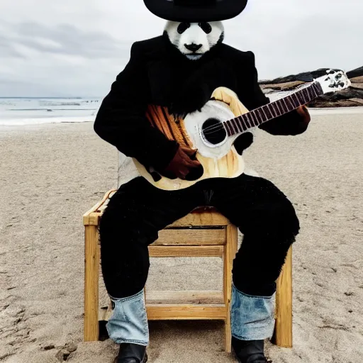 Image similar to photo of a panda wearing a cowboy hat and black leather jacket playing a guitar on a beach