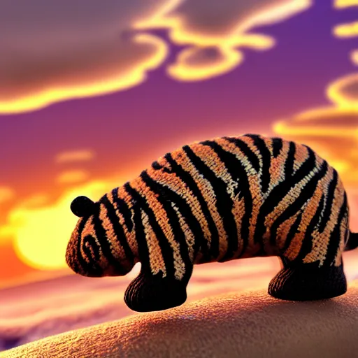 Image similar to a closeup photorealistic photograph of a cute smiling knitted tiger hippopotamus chasing a beachball at sunset. surf in the background. professional capture. this 4 k hd image is trending on artstation, featured on behance, well - rendered, extra crisp, features intricate detail, epic composition and the style of unreal engine.