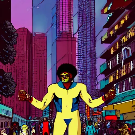 Image similar to afrofuturist man in a crowded busy street wearing gold jewelry, simple, cyberpunk, far shot, full body shot, 1970s X-Men art style