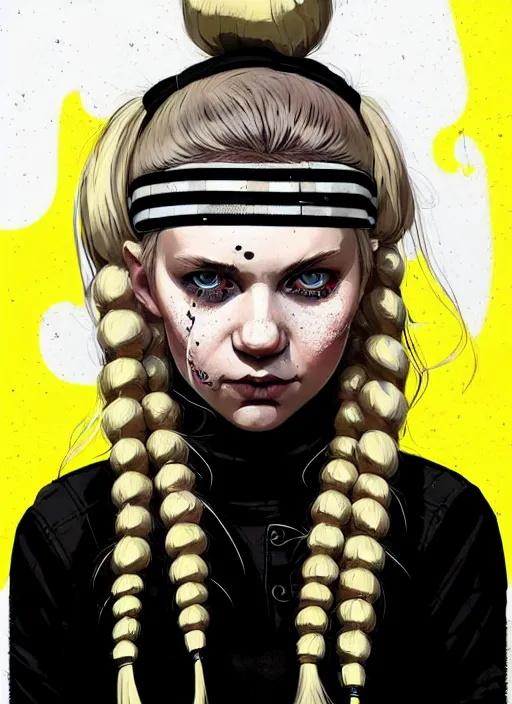 Image similar to highly detailed closeup portrait of a sewer punk pretty swedish female road warrior student, tartan garment, blonde hair pigtails with headband by atey ghailan, by greg rutkowski, by greg tocchini, by james gilleard, by joe fenton, by kaethe butcher, gradient yellow, black, brown and white color scheme, grunge aesthetic!!! white graffiti tag wall background