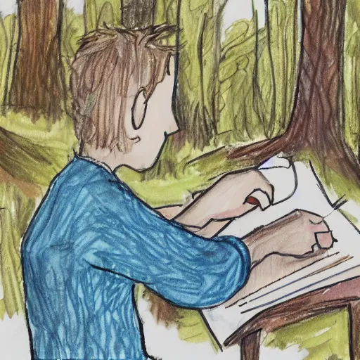 Prompt: a sketch of a person coloring in a sketchbook. they are sitting in the woods. it is an soft color ink and wash illustration.