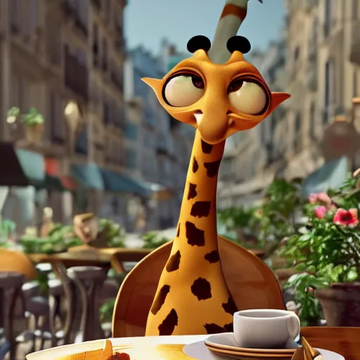 Image similar to a giraffe with big eyes looking for a cup of coffee in beautiful morning café in Paris. Pixar Disney 4K 3d render funny animation movie Oscar winning trending on ArtStation and Behance. Ratatouille style.