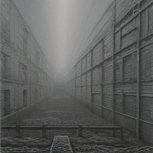 Prompt: Industrial yard. Vacant. Eerie. Unsettling. Zdzisaw Beksinski