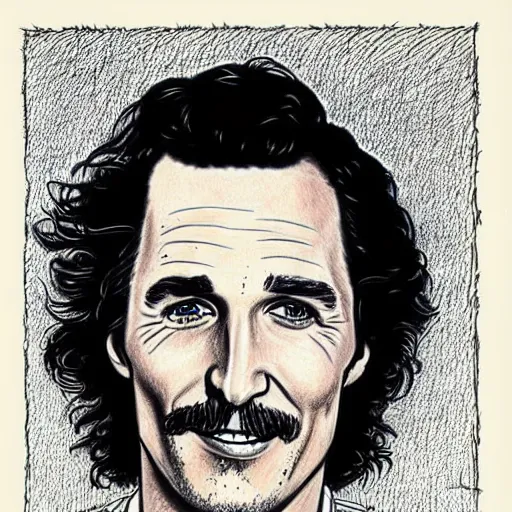 Image similar to a portrait drawing of Mathew McConaughey drawn by Robert Crumb