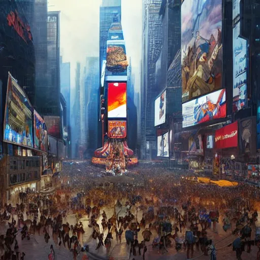 Image similar to A beautiful wide angle cinematic painting of an Indigenous warrior tribe declaring an end to colonizer rule in time square, colonizers demise, intricate detail, ornate, conceptual art, soft light, dynamic, sharp focus, depth of field blur, art by artgerm and greg rutkowski and alphonse mucha