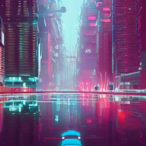 Image similar to a beautiful ultradetailed painting of a futuristic city center, trending on artstation, art by beeple, art by hayao miyazaki