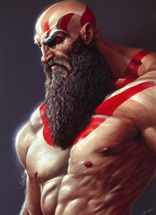 Image similar to a epic portrait of the god of war, art by boris vallejo and greg danton and denys tsiperko, detailed, hyperrealism, artstation