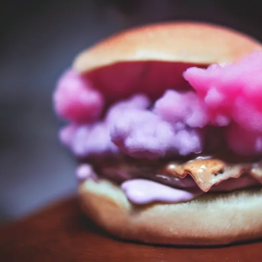 Prompt: a dramatic photo of a cotton candy burger. moody, melanchony.