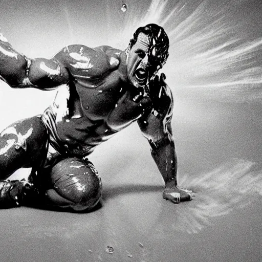 Image similar to 1 9 9 0's wwe publicity photo, a giant muscular covered in wet reflective slime man falling out of a giant cocoon onto a cement floor, screaming in agony, ultra - detailed, photorealistic