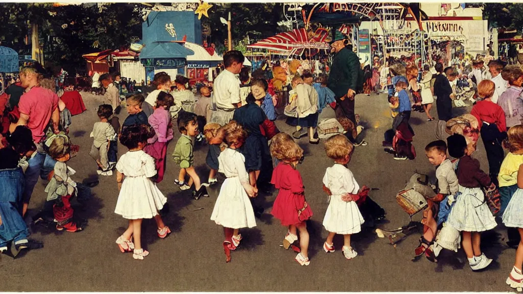 Prompt: kids wandering through a carnival, all ignoring the rides and pasting in their phones instead, by Norman Rockwell