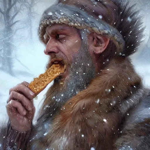 Image similar to epic portrait An viking eating loaf of bread during winter, blizzardy, beauty, pretty face, glossy skin, beard, digital painting, artstation, concept art, soft light, hdri, smooth, sharp focus, illustration, fantasy, intricate, elegant, highly detailed, D&D, matte painting, in the style of Greg Rutkowski and Alphonse Mucha and artemisia, 8k, highly detailed, jurgens, rutkowski, bouguereau, pastoral, rustic, georgic