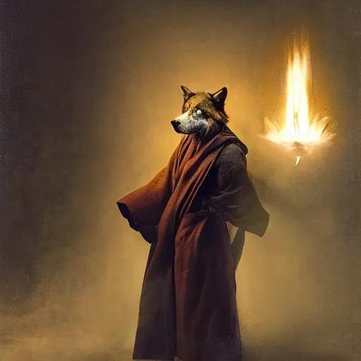 Image similar to attractive canine wolf wearing a monk robes holding invense burner. natural lighting by ruan jia, portrait