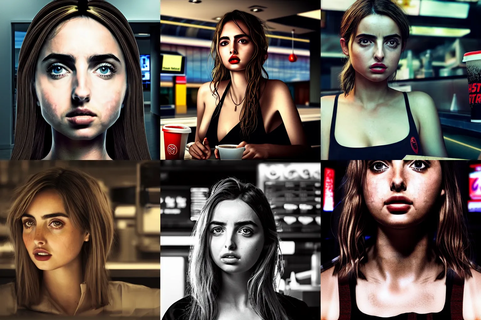 Prompt: ultra realistic, hyper detailed, ana de armas portrait working in a fast food restaurant, cinematic, cyberpunk style, 3 5 mm