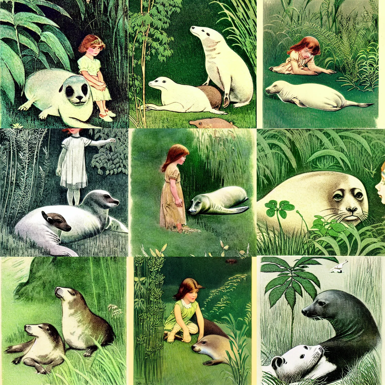 Prompt: vintage monochromatic green illustration of a little brown-haired girl and a white seal hiding among plants in the prehistoric Mesozoic Era in the style of Jessie Willcox Smith, nature, 1908,