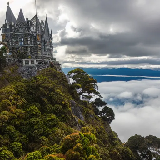 Image similar to grand Castle on top of Auckland mountain, clouds, sun