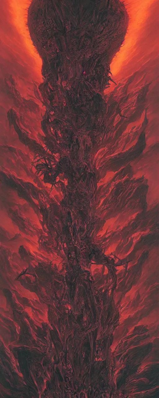 Prompt: a muscular demon rising up out of the fire in the many levels of hell surrounded by dead souls on fire, sense of awe, surreal hellscape by Wayne Barlowe, Pascal Blanche