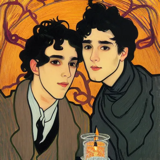 Image similar to painting of young cute handsome beautiful dark medium wavy hair man in his 2 0 s named shadow taehyung and cute handsome beautiful min - jun together at the halloween party, bubbling cauldron, candles, smoke, tarot, autumn colors, elegant, stylized, soft facial features, delicate facial features, art by alphonse mucha, vincent van gogh, egon schiele