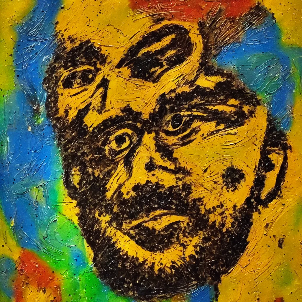 Image similar to happy face in the style of Jackson Pollack, with lots of stumbling, stumbled thick oil paint and painted in a style of painting similar to Van Gogh but more impasto and less hatching