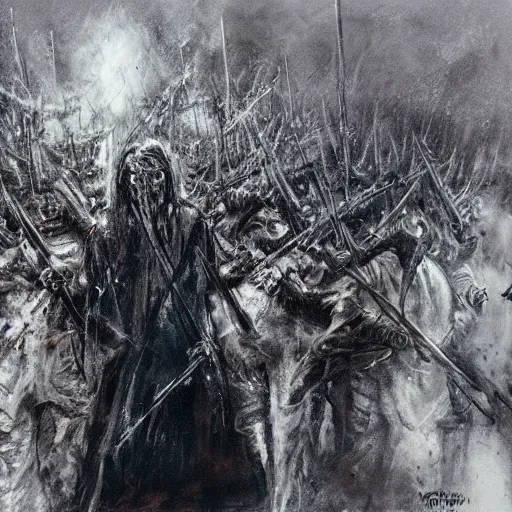 Prompt: closeup of joe biden leading an army of shadows, coiling, abstract shadowy army, painting by john mcnaughton, stephen gammell