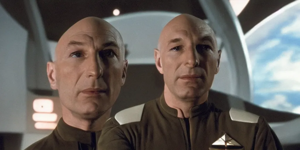 Image similar to young Jean-Luc Picard as a spaceship captain in stars without number sitting in the bridge of his spaceship, outside the front window is an enemy star fighter