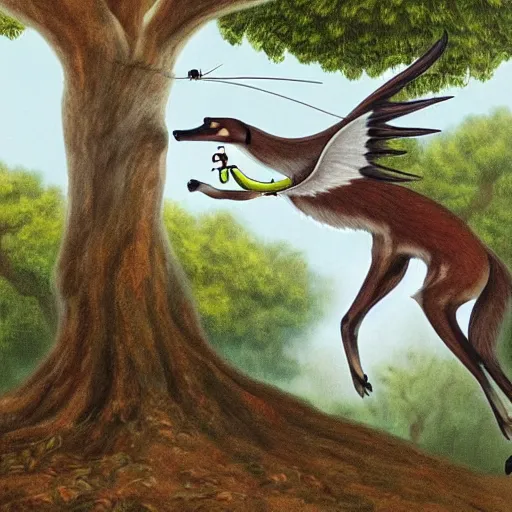 Image similar to a mexican greyhound flaps its wings dramatically as a crafty fox jumps out from behind a tree to take it down, fantasy art