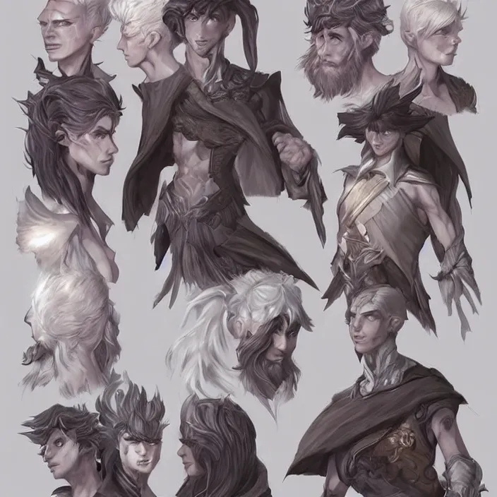 Image similar to concept art of young male wizard d & d video game characters head designs, unique hair designs, by marc brunet and artgerm
