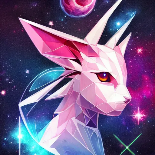 Image similar to geometric symmetrical sylveon with galaxy eyes in space, nebula in the background, intricate, elegant, highly detailed, digital painting, artstation, concept art, smooth, sharp focus, illustration, art by artgerm