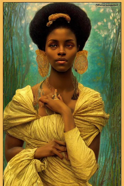 Prompt: Portrait of a Beautiful African female, sad green eyes, beautiful skin, elegant, jewellery, digital painting, Pre-Raphaelites, highly detailed, concept art, cinematic lighting, smooth, sharp focus, gold and indigo, illustration, art by Klimt and Alphonse Mucha.