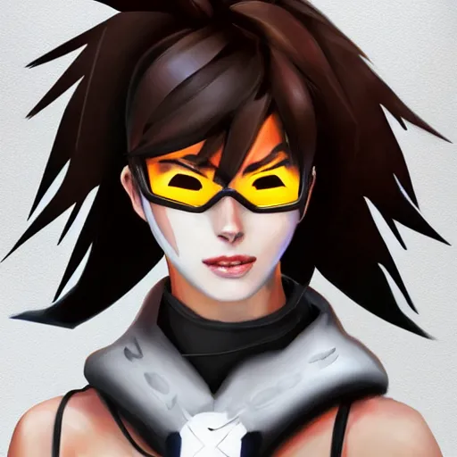 Image similar to digital portrait painting of tracer overwatch, full body, wearing spiked collar, black outfit, detailed face, detailed eyes,
