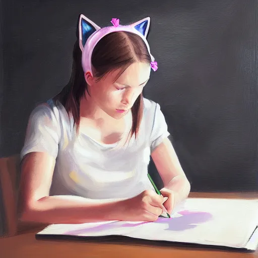 Image similar to girl writing on a blackboard, cat ears, expressive oil painting, trending on artstation, digital art, beautiful lighting, detailed